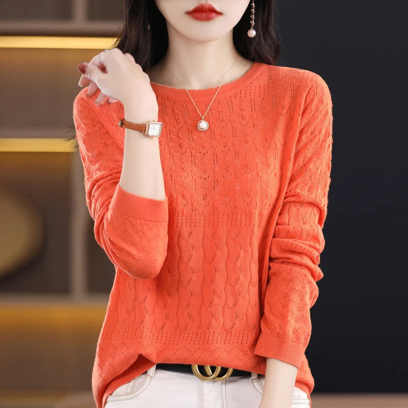 Worsted Wool Sweater Women's Spring New Western-Style Solid Color Round Neck Top With Long Sleeve Bottom Hollowed-Out Thin