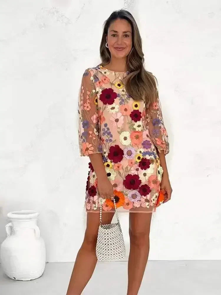 Fashion Flower Printed Embroidered Long Dress Women Elegant O-neck Long Sleeve Lace Slim Dresses