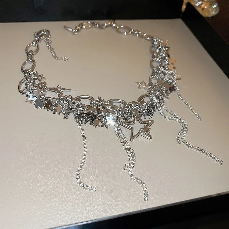 New Punk Style Bling Bling Silver Chain Star Tassel Choker Necklace For Women Korean Jewelry Party Collares Necklace