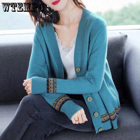 Women's Knitted Cardigan Long Sleeve Korean Loose V-Neck Button Sweaters Coat Female Clothing