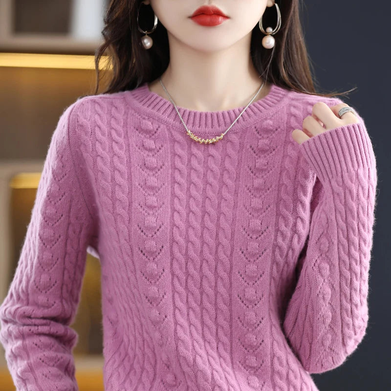 Pure 100%  Wool Women's O-Neck Pullover Cashmere Sweater Autumn Winter Hollow Solid Color Knit Long Sleeve Top