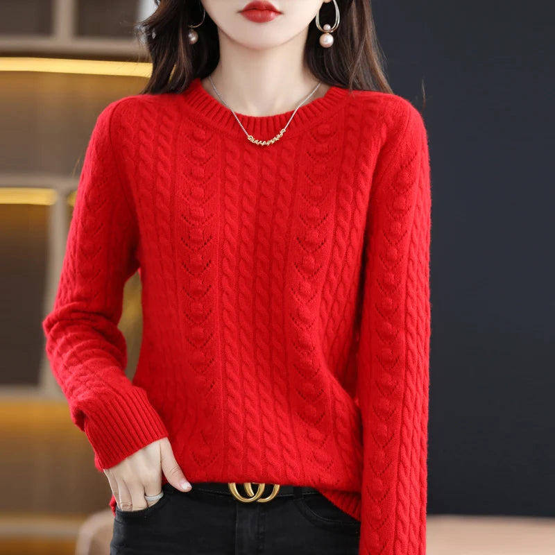 Pure 100%  Wool Women's O-Neck Pullover Cashmere Sweater Autumn Winter Hollow Solid Color Knit Long Sleeve Top