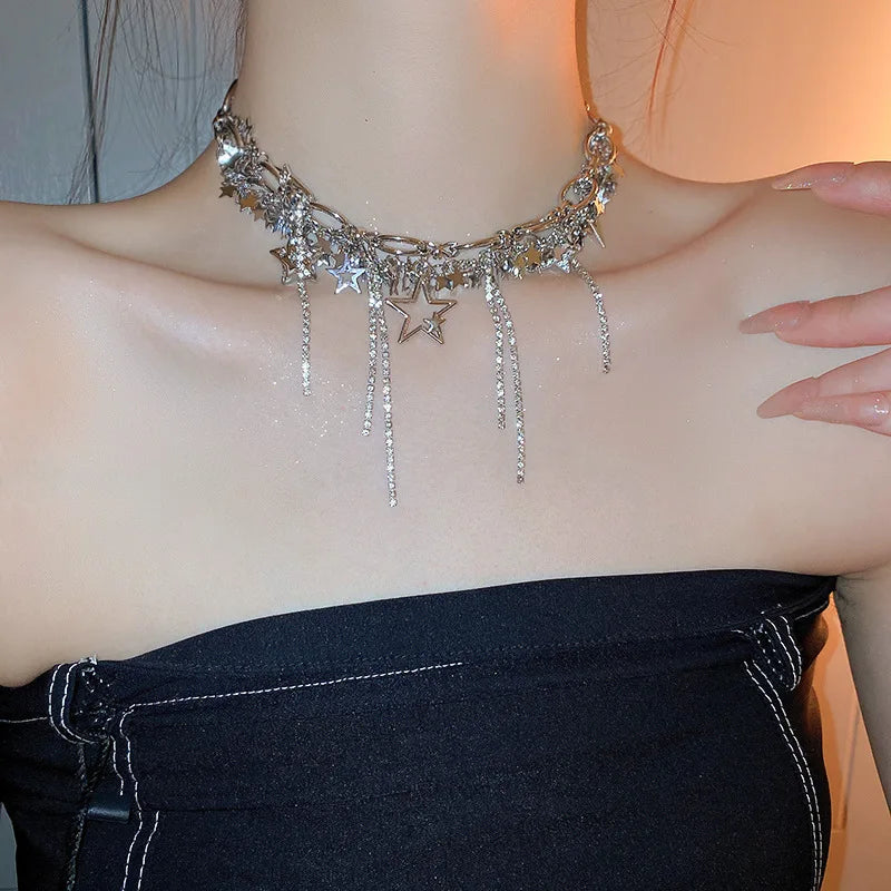 New Punk Style Bling Bling Silver Chain Star Tassel Choker Necklace For Women Korean Jewelry Party Collares Necklace