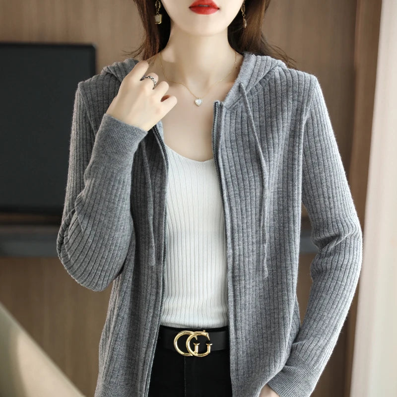 Autumn And Winter Hooded Knitted Cardigan  Women's Sweater Loose Casual