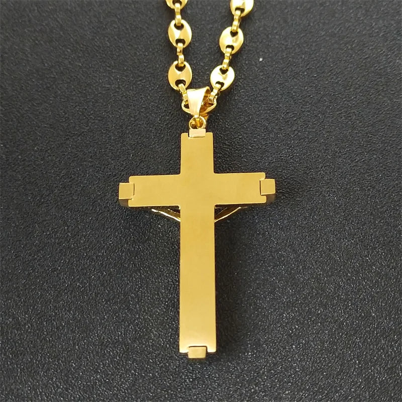 Jesus Cross Crucifix Pendant Necklace, Men Stainless Steel Gold Color Christian Coffee Bean Chain Jewelry