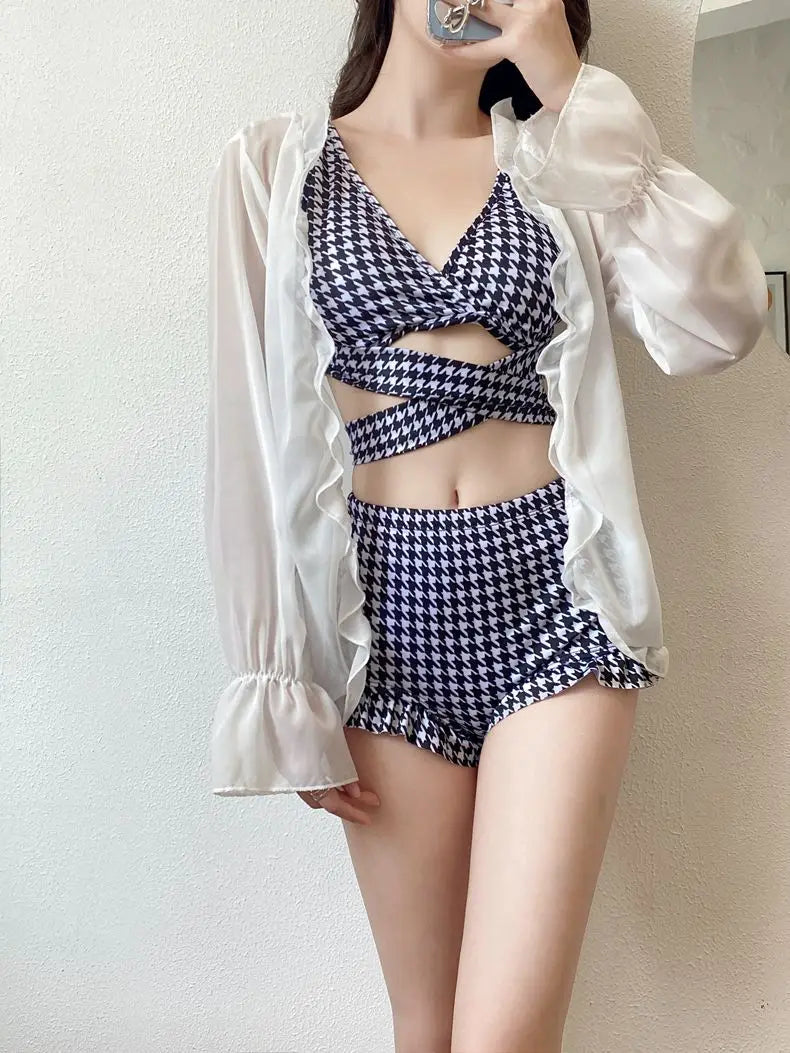 Fashion Sexy Plaid Cross Bikini Sets Ruffle Bandage Push-up Padded Swimsuit Bathing, Beach Wear