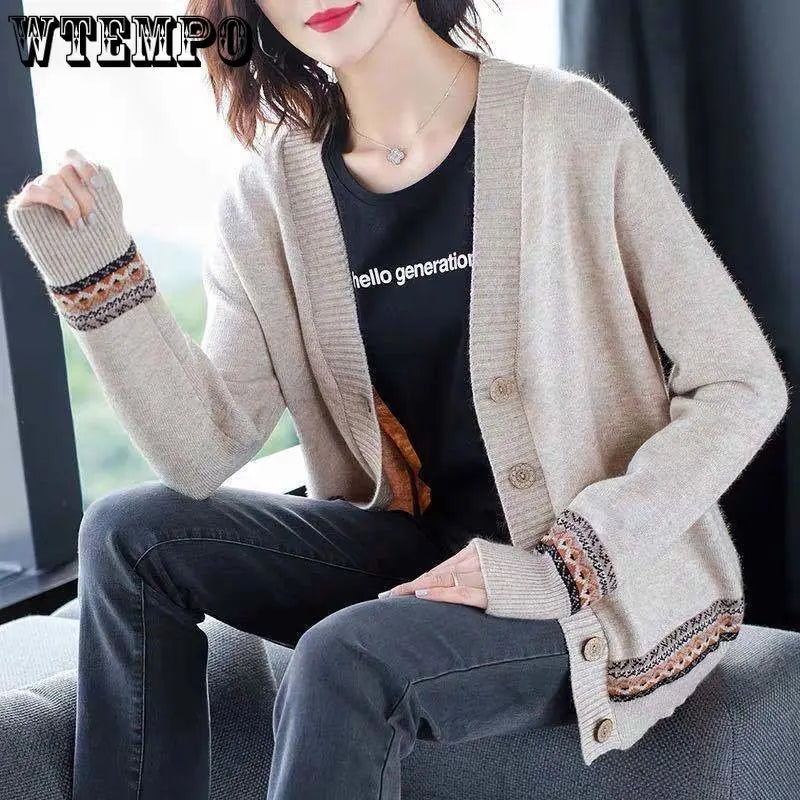 Women's Knitted Cardigan Long Sleeve Korean Loose V-Neck Button Sweaters Coat Female Clothing