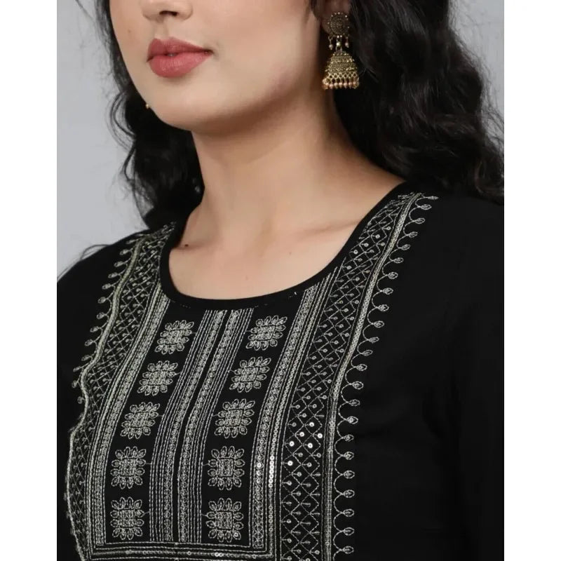 Women Black High Quality Embroidery Straight Kurta Kurti Top Tunic Dress